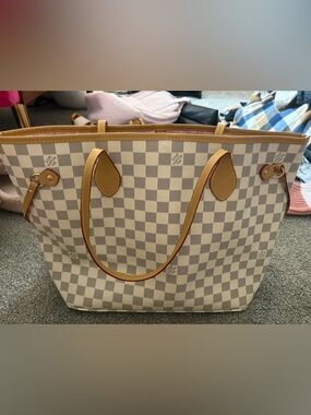 Checkerboard Canvas Tote in Cream with Tan Trim